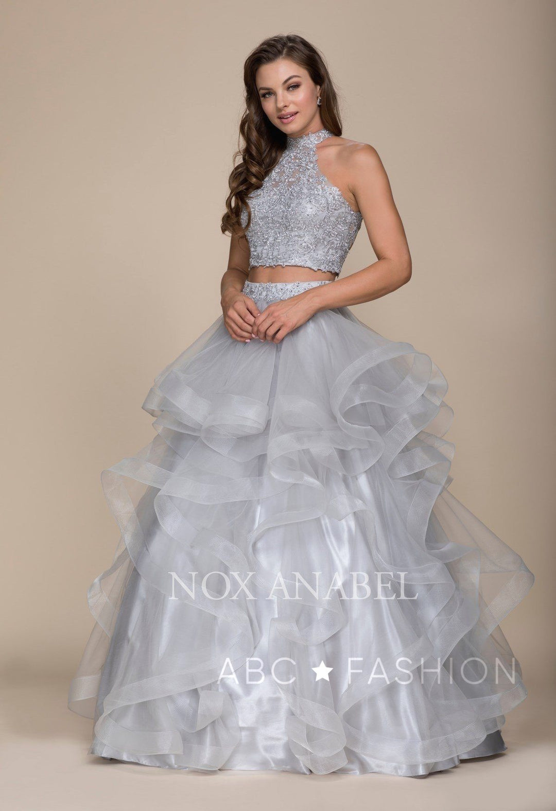Long Two-Piece Ruffled Dress with Lace Top by Nox Anabel A063-Long Formal Dresses-ABC Fashion