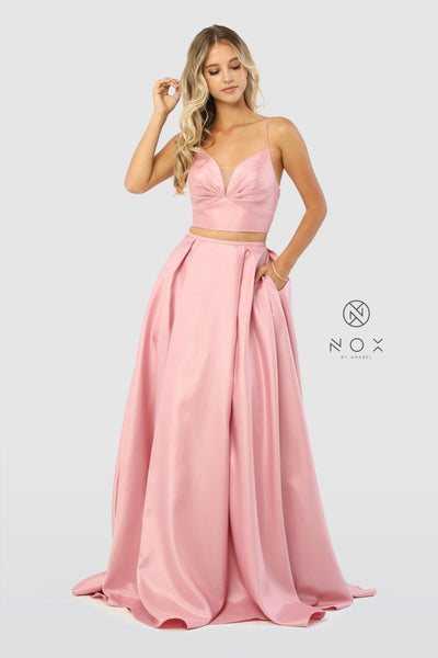 Long Two-Piece Satin Dress with Pockets by Nox Anabel E161-Long Formal Dresses-ABC Fashion