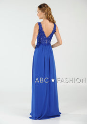 Long V-Neck Chiffon Dress with Lace Appliques by Poly USA 8012-Long Formal Dresses-ABC Fashion