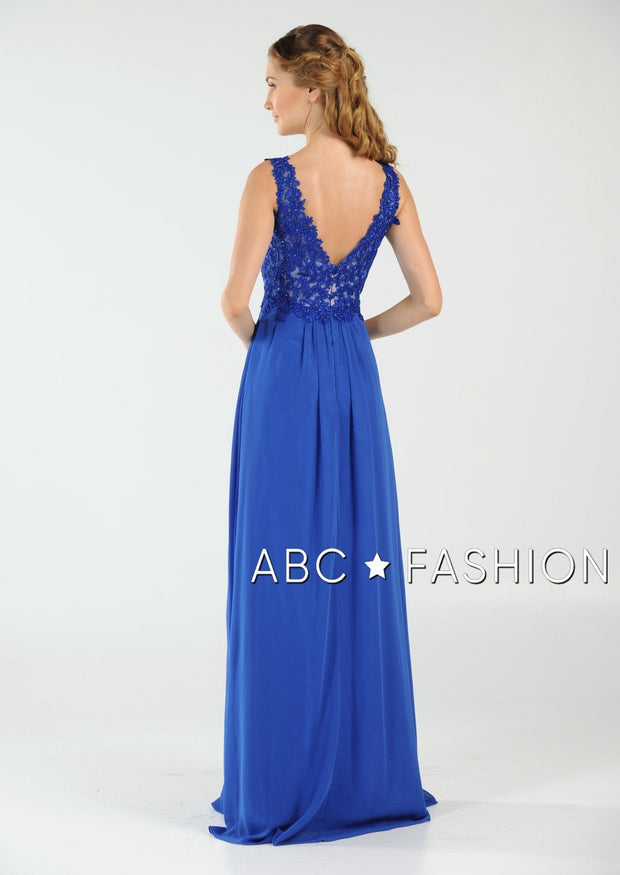 Long V-Neck Chiffon Dress with Lace Appliques by Poly USA 8012-Long Formal Dresses-ABC Fashion