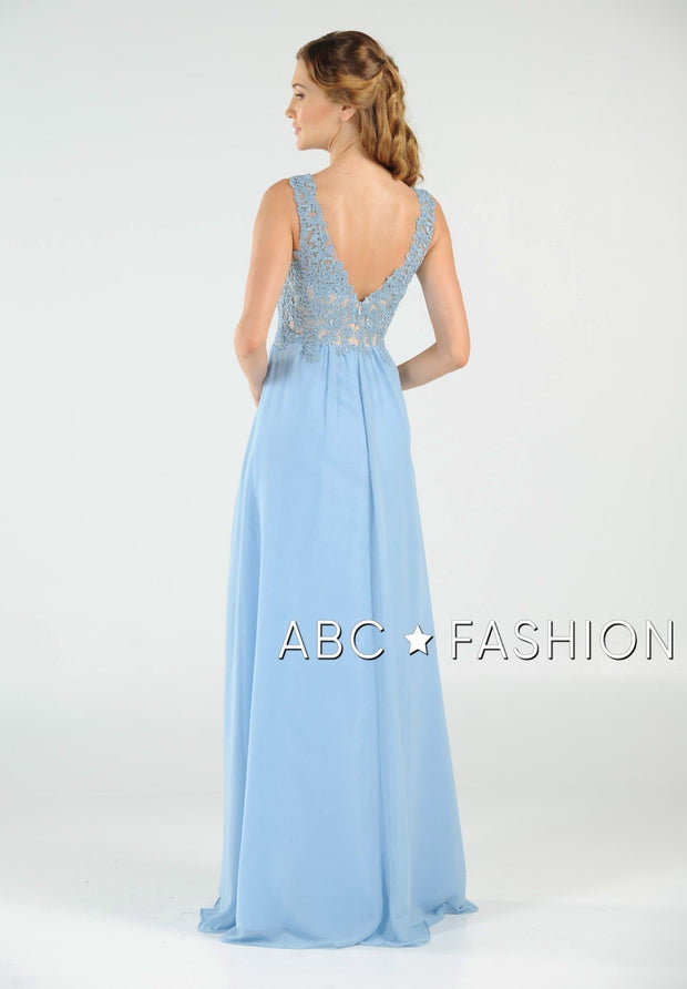 Long V-Neck Chiffon Dress with Lace Appliques by Poly USA 8012-Long Formal Dresses-ABC Fashion