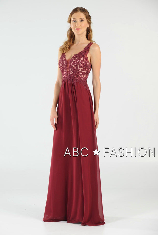 Long V-Neck Chiffon Dress with Lace Appliques by Poly USA 8012-Long Formal Dresses-ABC Fashion