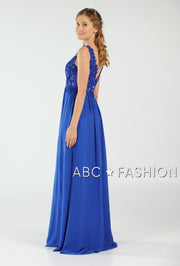 Long V-Neck Chiffon Dress with Lace Appliques by Poly USA 8012-Long Formal Dresses-ABC Fashion