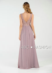 Long V-Neck Chiffon Dress with Lace Appliques by Poly USA 8012-Long Formal Dresses-ABC Fashion