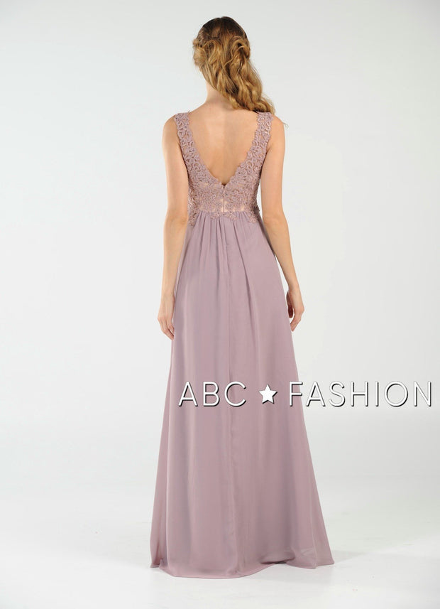 Long V-Neck Chiffon Dress with Lace Appliques by Poly USA 8012-Long Formal Dresses-ABC Fashion