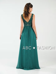 Long V-Neck Chiffon Dress with Lace Appliques by Poly USA 8012-Long Formal Dresses-ABC Fashion