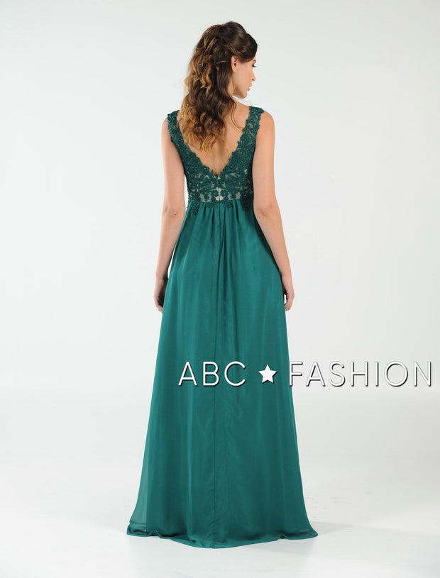 Long V-Neck Chiffon Dress with Lace Appliques by Poly USA 8012-Long Formal Dresses-ABC Fashion