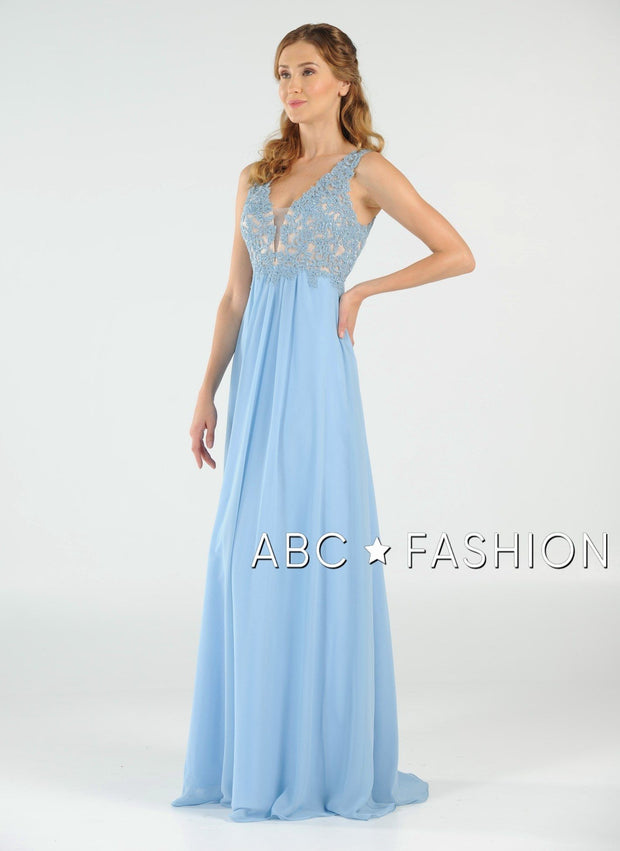 Long V-Neck Chiffon Dress with Lace Appliques by Poly USA 8012-Long Formal Dresses-ABC Fashion