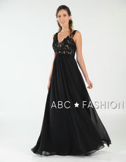 Long V-Neck Chiffon Dress with Lace Appliques by Poly USA 8012-Long Formal Dresses-ABC Fashion