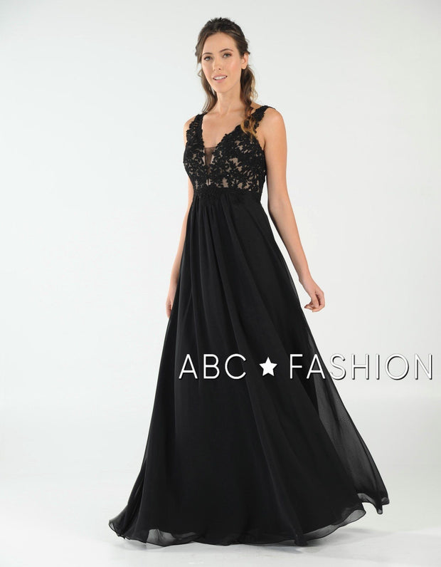 Long V-Neck Chiffon Dress with Lace Appliques by Poly USA 8012-Long Formal Dresses-ABC Fashion