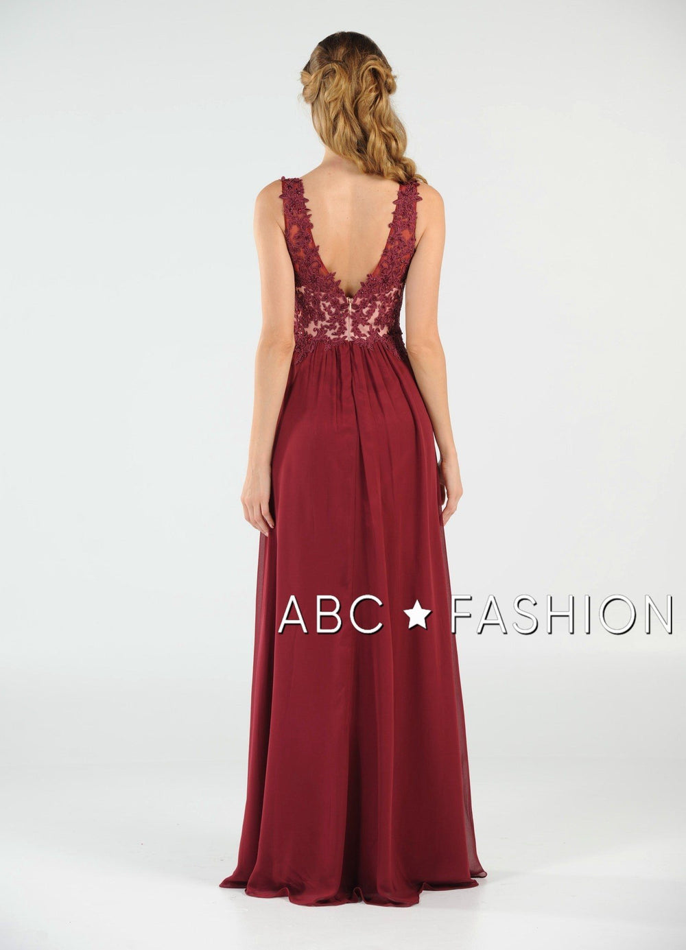 Long V-Neck Chiffon Dress with Lace Appliques by Poly USA 8012-Long Formal Dresses-ABC Fashion