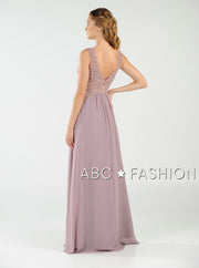 Long V-Neck Chiffon Dress with Lace Appliques by Poly USA 8012-Long Formal Dresses-ABC Fashion
