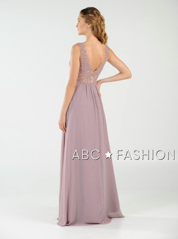 Long V-Neck Chiffon Dress with Lace Appliques by Poly USA 8012-Long Formal Dresses-ABC Fashion