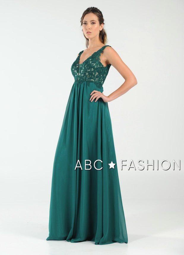Long V-Neck Chiffon Dress with Lace Appliques by Poly USA 8012-Long Formal Dresses-ABC Fashion