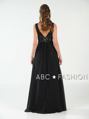 Long V-Neck Chiffon Dress with Lace Appliques by Poly USA 8012-Long Formal Dresses-ABC Fashion
