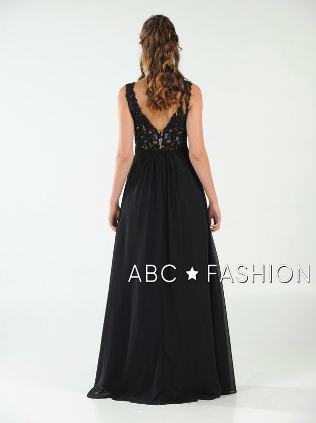 Long V-Neck Chiffon Dress with Lace Appliques by Poly USA 8012-Long Formal Dresses-ABC Fashion