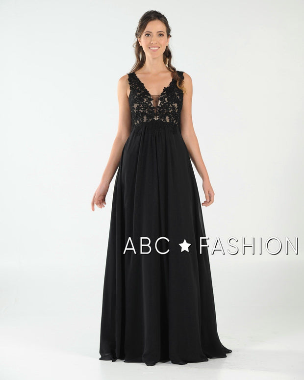Long V-Neck Chiffon Dress with Lace Appliques by Poly USA 8012-Long Formal Dresses-ABC Fashion