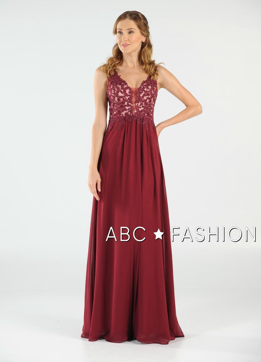 Long V-Neck Chiffon Dress with Lace Appliques by Poly USA 8012-Long Formal Dresses-ABC Fashion