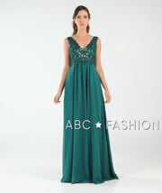 Long V-Neck Chiffon Dress with Lace Appliques by Poly USA 8012-Long Formal Dresses-ABC Fashion