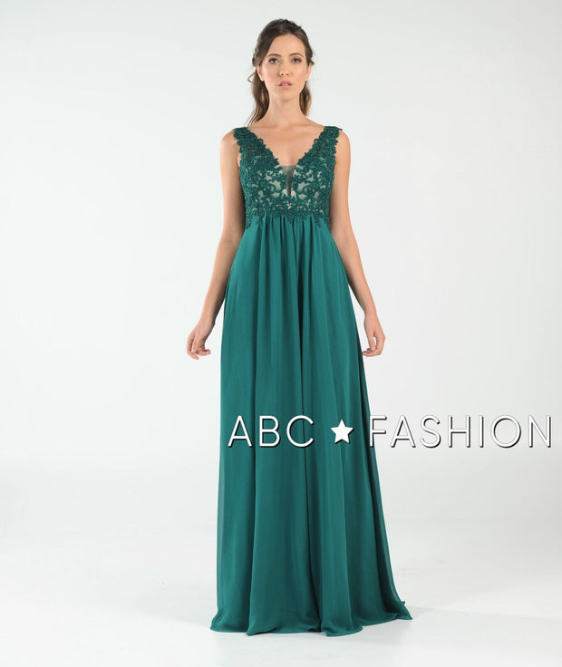 Long V-Neck Chiffon Dress with Lace Appliques by Poly USA 8012-Long Formal Dresses-ABC Fashion