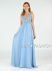 Long V-Neck Chiffon Dress with Lace Appliques by Poly USA 8012-Long Formal Dresses-ABC Fashion