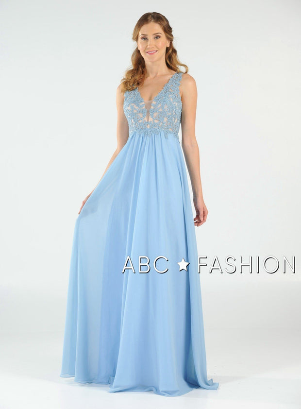 Long V-Neck Chiffon Dress with Lace Appliques by Poly USA 8012-Long Formal Dresses-ABC Fashion