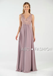 Long V-Neck Chiffon Dress with Lace Appliques by Poly USA 8012-Long Formal Dresses-ABC Fashion