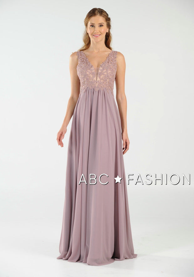 Long V-Neck Chiffon Dress with Lace Appliques by Poly USA 8012-Long Formal Dresses-ABC Fashion
