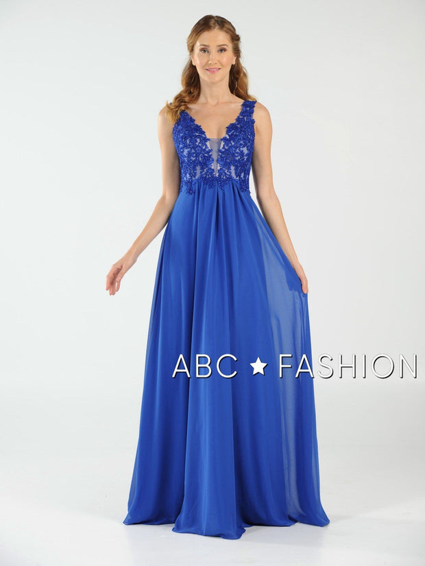 Long V-Neck Chiffon Dress with Lace Appliques by Poly USA 8012-Long Formal Dresses-ABC Fashion
