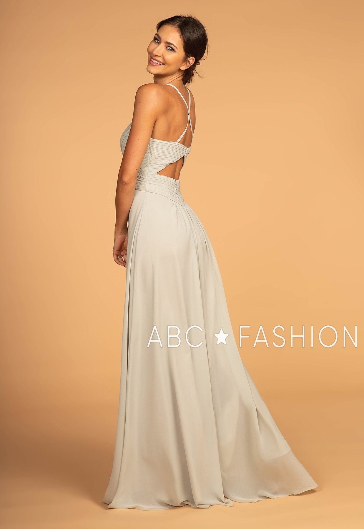 Long V Neck Chiffon Dress with Pleated Bodice by Elizabeth K GL2609 ABC Fashion