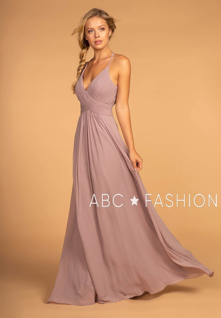 Long V-Neck Chiffon Dress with Pleated Bodice by Elizabeth K GL2609-Long Formal Dresses-ABC Fashion