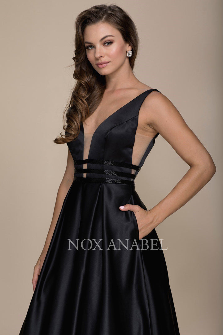 Long V-Neck Cutout Dress with Pockets by Nox Anabel M130-Long Formal Dresses-ABC Fashion