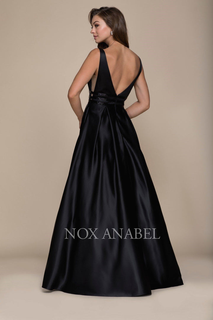 Long V-Neck Cutout Dress with Pockets by Nox Anabel M130-Long Formal Dresses-ABC Fashion