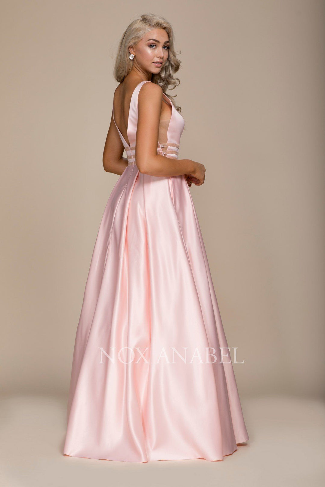 Long V-Neck Cutout Dress with Pockets by Nox Anabel M130-Long Formal Dresses-ABC Fashion