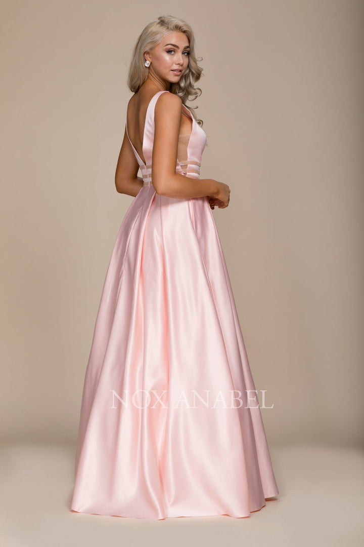 Long V-Neck Cutout Dress with Pockets by Nox Anabel M130-Long Formal Dresses-ABC Fashion
