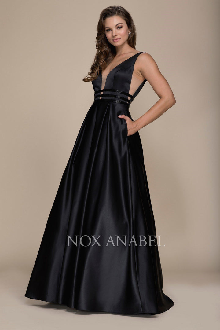Long V-Neck Cutout Dress with Pockets by Nox Anabel M130-Long Formal Dresses-ABC Fashion