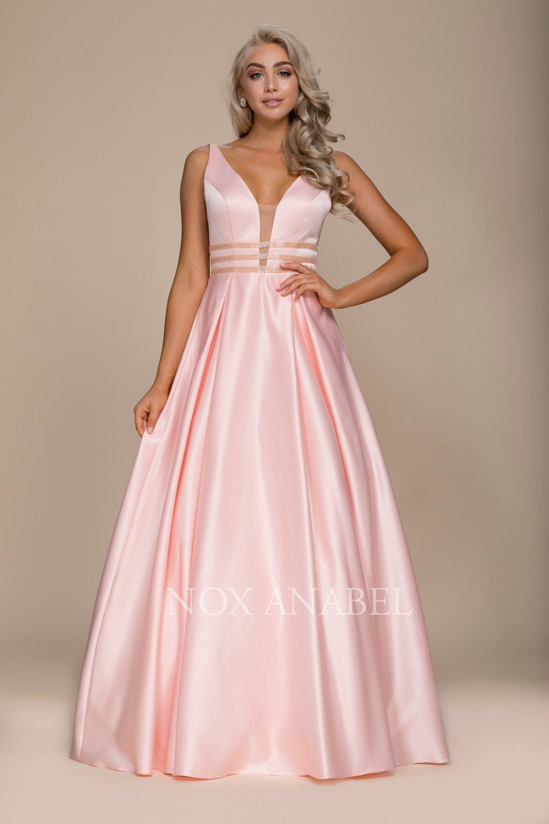 Long V-Neck Cutout Dress with Pockets by Nox Anabel M130-Long Formal Dresses-ABC Fashion