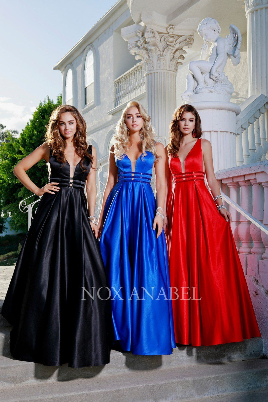 Long V-Neck Cutout Dress with Pockets by Nox Anabel M130-Long Formal Dresses-ABC Fashion