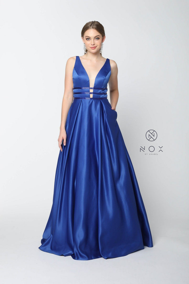 Long V-Neck Cutout Dress with Pockets by Nox Anabel M130