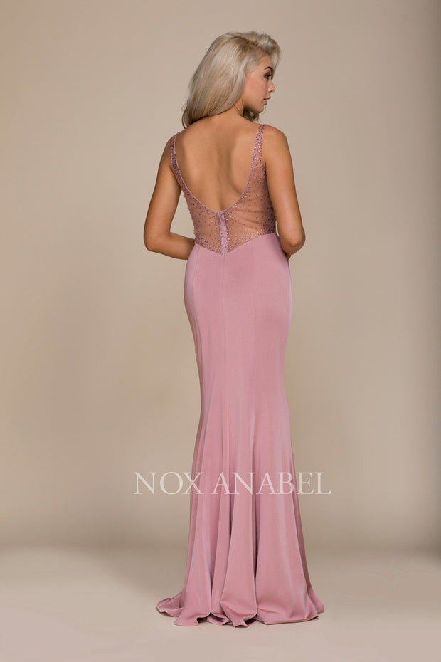 Long V-Neck Dress with Beaded Illusion Back by Nox Anabel C001-Long Formal Dresses-ABC Fashion