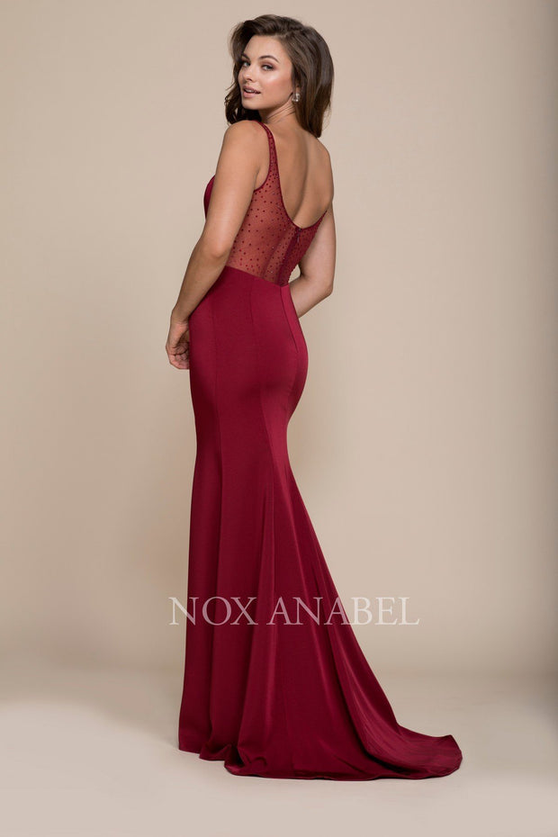 Long V-Neck Dress with Beaded Illusion Back by Nox Anabel C001-Long Formal Dresses-ABC Fashion