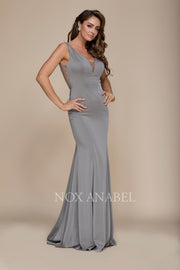 Long V-Neck Dress with Beaded Illusion Back by Nox Anabel C001-Long Formal Dresses-ABC Fashion