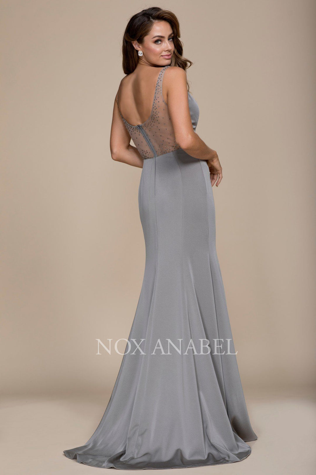 Long V-Neck Dress with Beaded Illusion Back by Nox Anabel C001-Long Formal Dresses-ABC Fashion