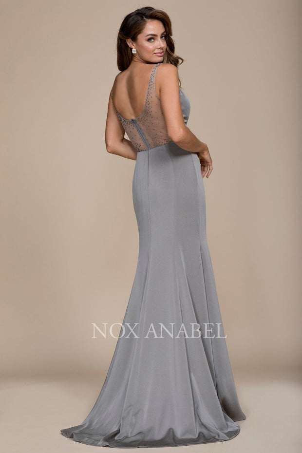 Long V-Neck Dress with Beaded Illusion Back by Nox Anabel C001-Long Formal Dresses-ABC Fashion