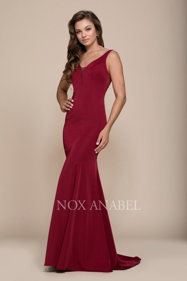 Long V-Neck Dress with Beaded Illusion Back by Nox Anabel C001-Long Formal Dresses-ABC Fashion