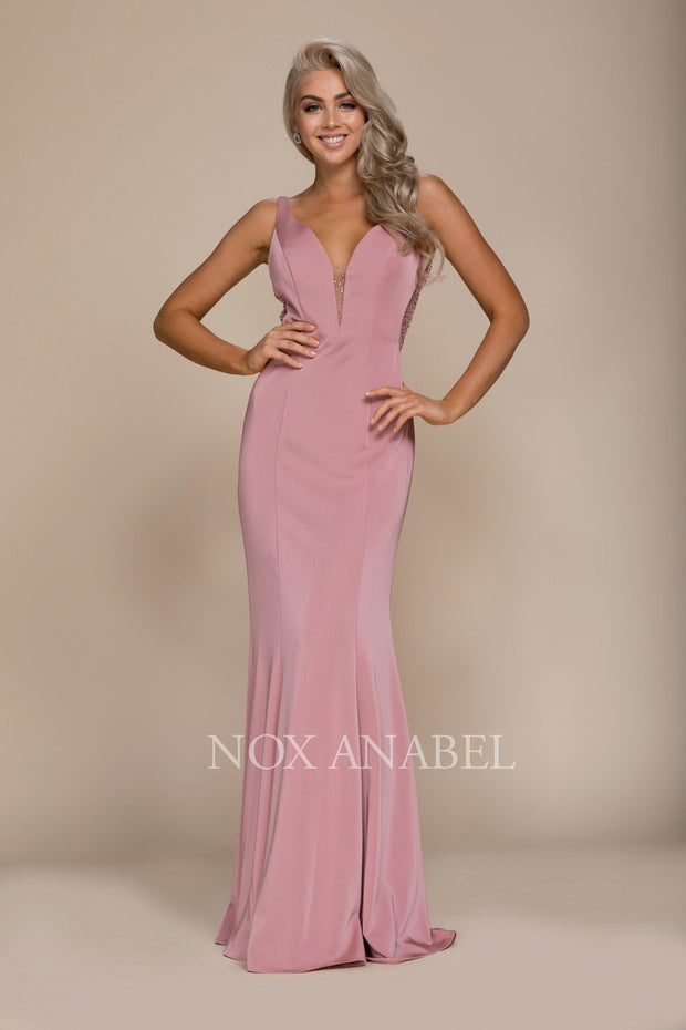 Long V-Neck Dress with Beaded Illusion Back by Nox Anabel C001-Long Formal Dresses-ABC Fashion