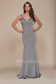 Long V-Neck Dress with Beaded Illusion Back by Nox Anabel C001-Long Formal Dresses-ABC Fashion