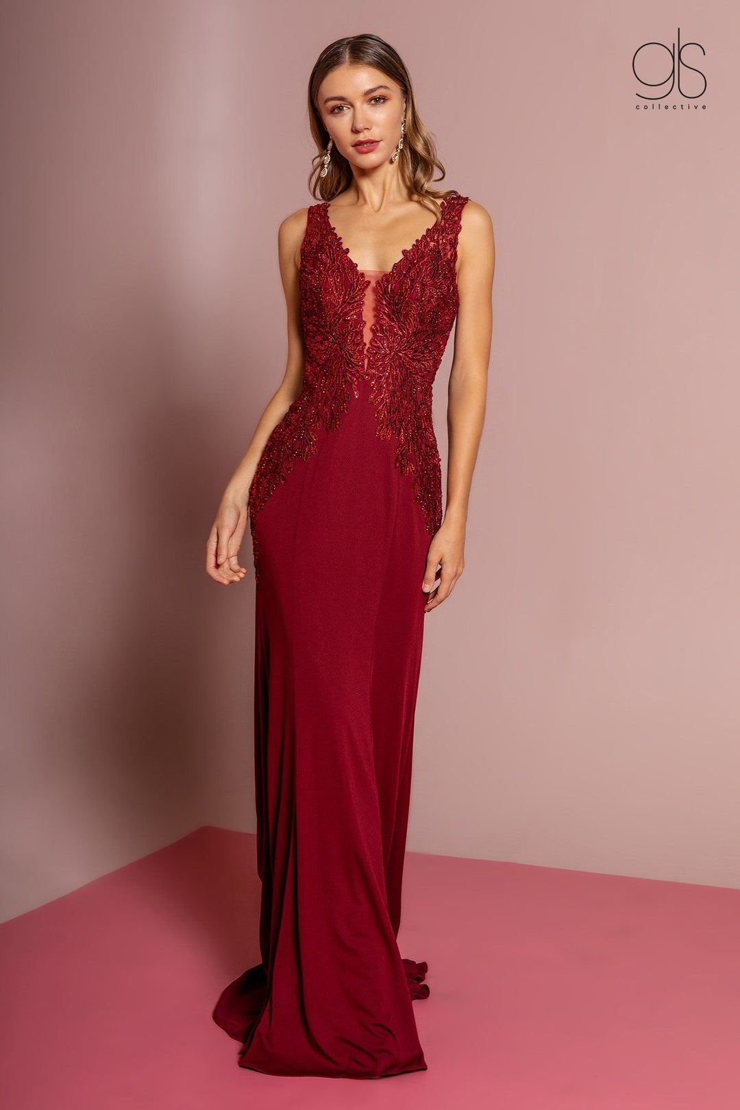 Long V-Neck Dress with Embroidered Bodice by Elizabeth K GL2614-Long Formal Dresses-ABC Fashion