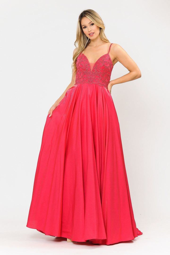 Long V-Neck Dress with Embroidered Bodice by Poly USA 8576
