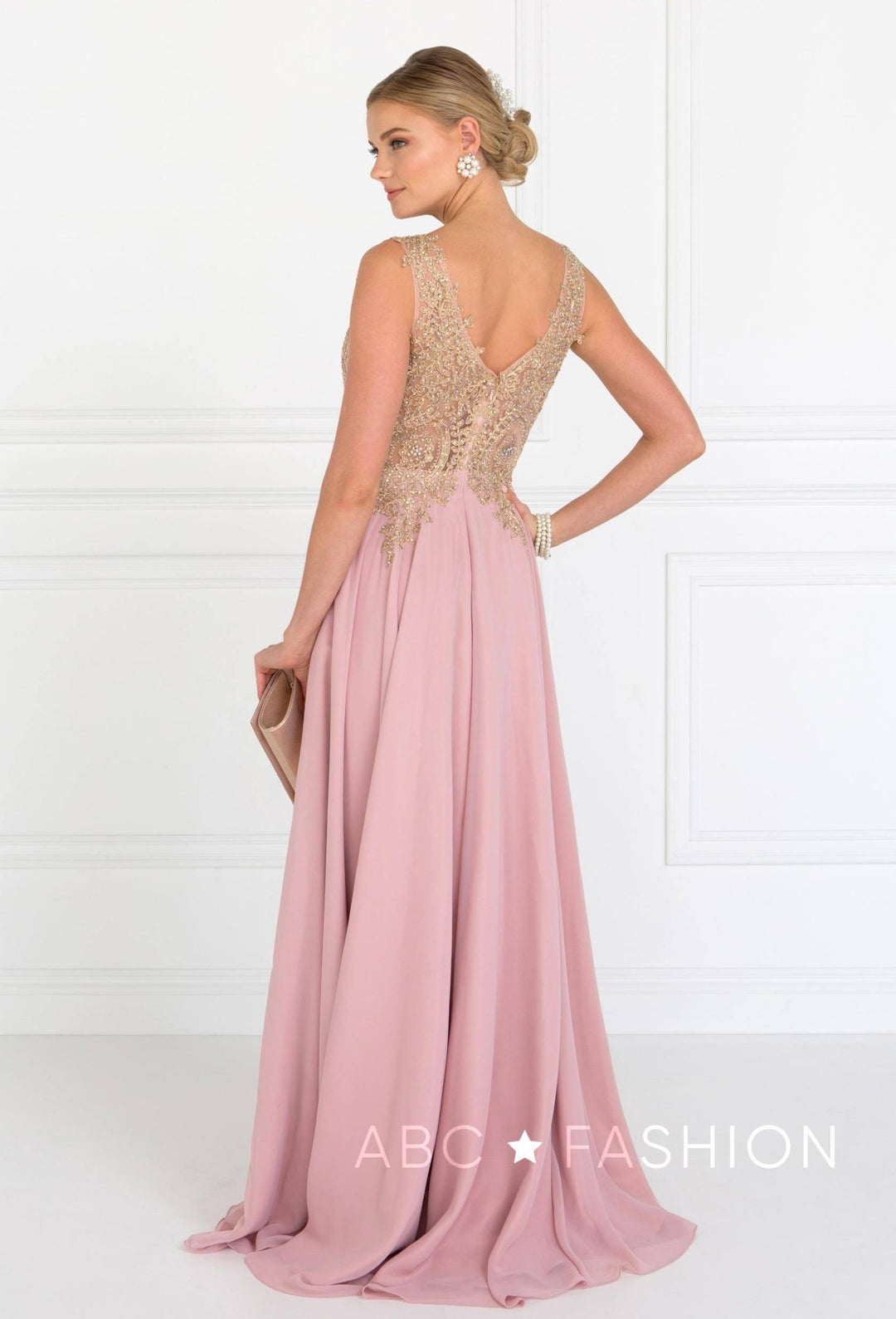 Long V-Neck Dress with Lace Appliques by Elizabeth K GL2311-Long Formal Dresses-ABC Fashion